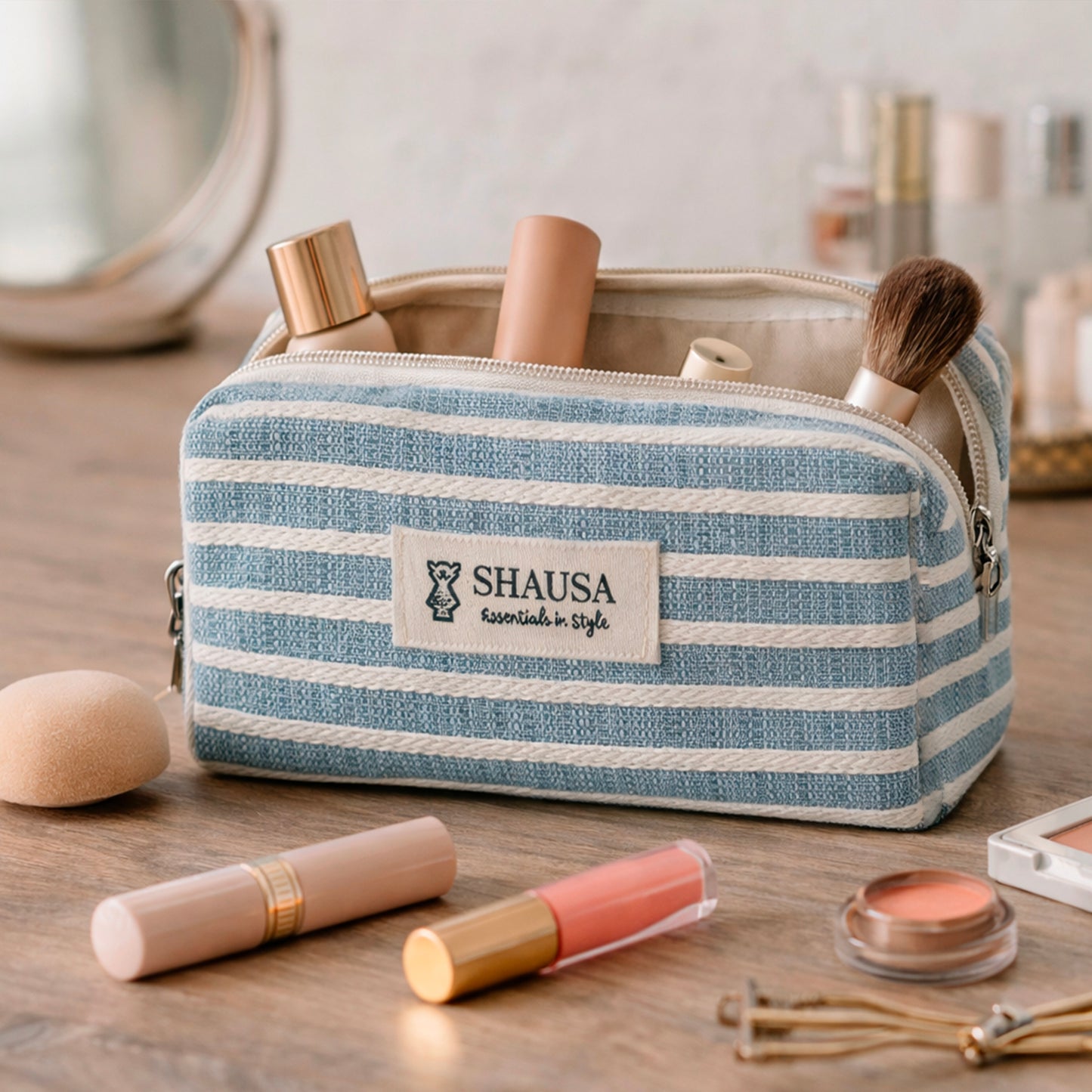 Neceser pequeño rayas azul y blanco estilo marinero en contexto de verano