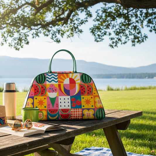 Bolso grande multicolor estampado en uso para viaje o escapada