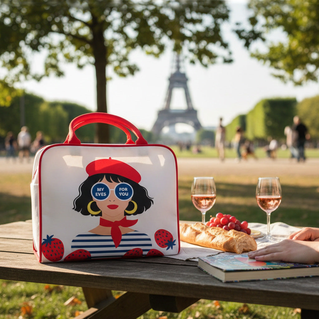 Bolso de mano de polipiel con ilustración y fresas en uso