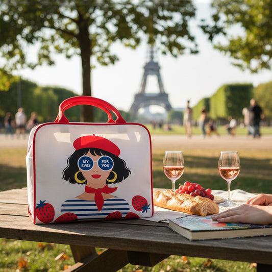 Bolso de mano de polipiel con ilustración y fresas en uso