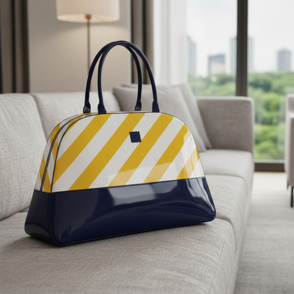 Bolso rayas amarillas y charol azul marino en uso estilo verano