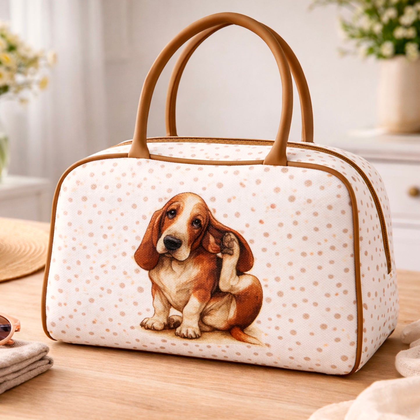 Bolso estampado con perro y lunares en uso