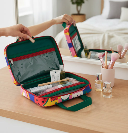 Neceser grande multicolor en uso sobre tocador