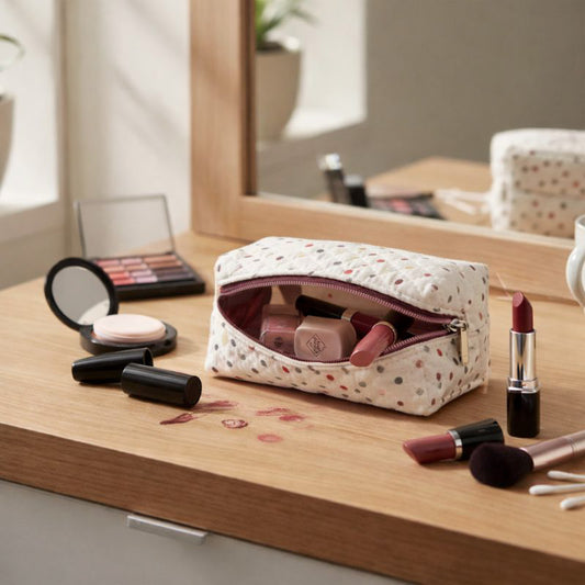 Neceser pequeño acolchado con lunares y rombos en uso