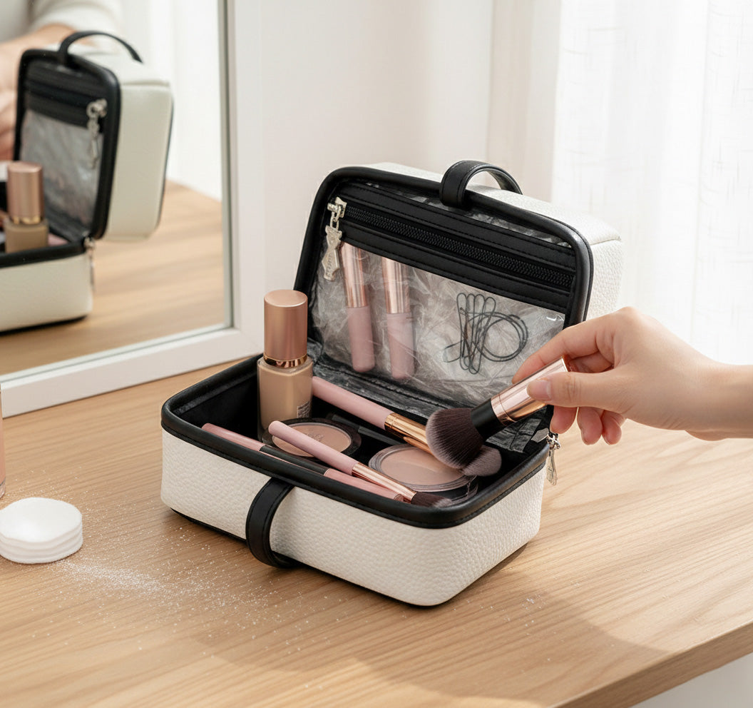 Neceser pequeño blanco con lazo usado para maquillaje