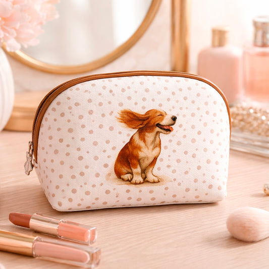 Neceser pequeño con perro y lunares en uso