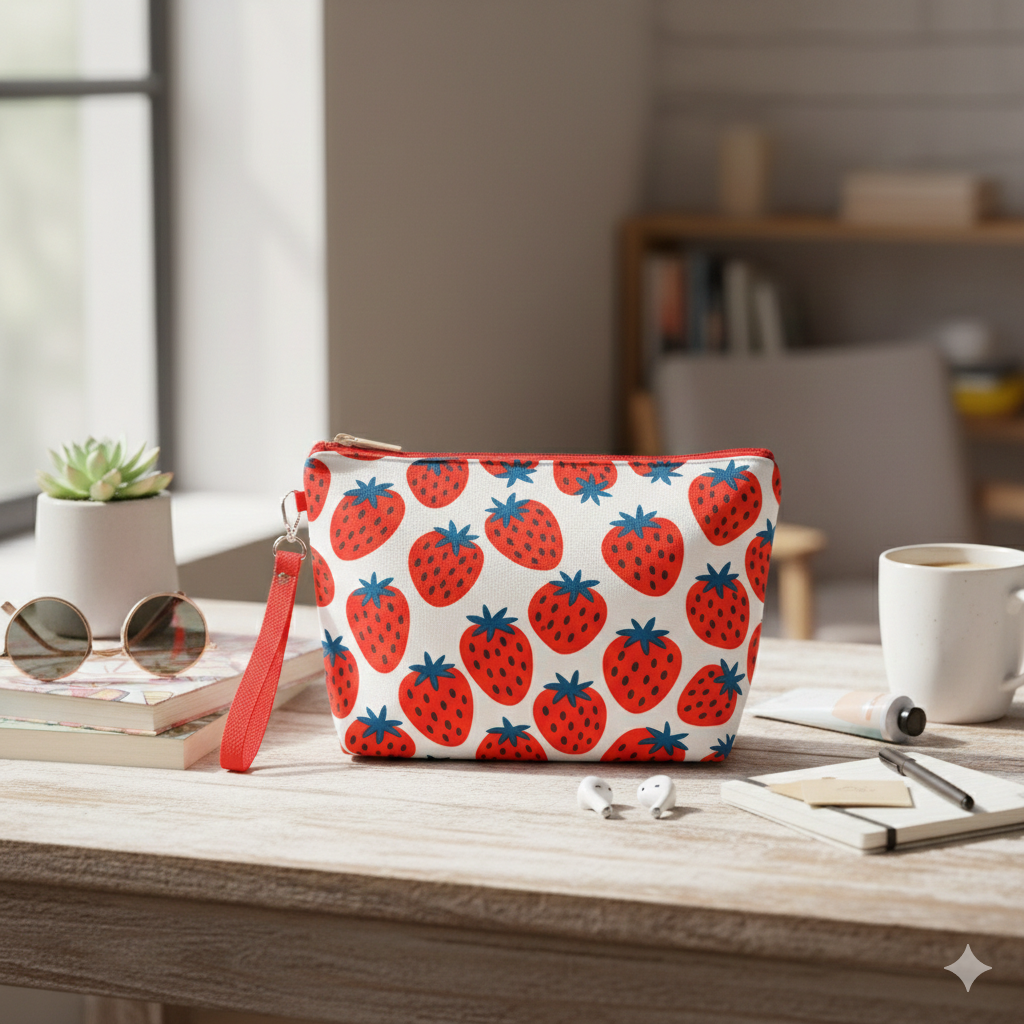 Neceser de polipiel con fresas en uso