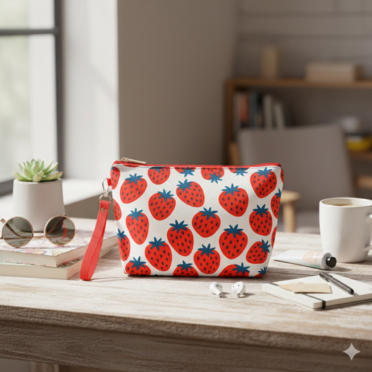 Neceser de polipiel con fresas en uso