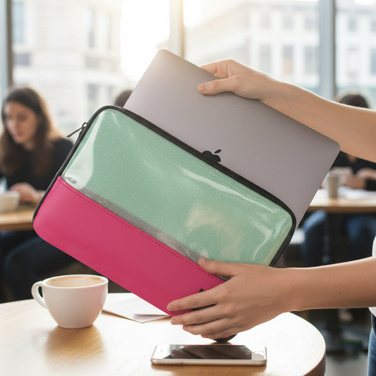 Porta ordenador 13” PVC verde con glitter y base fucsia en uso