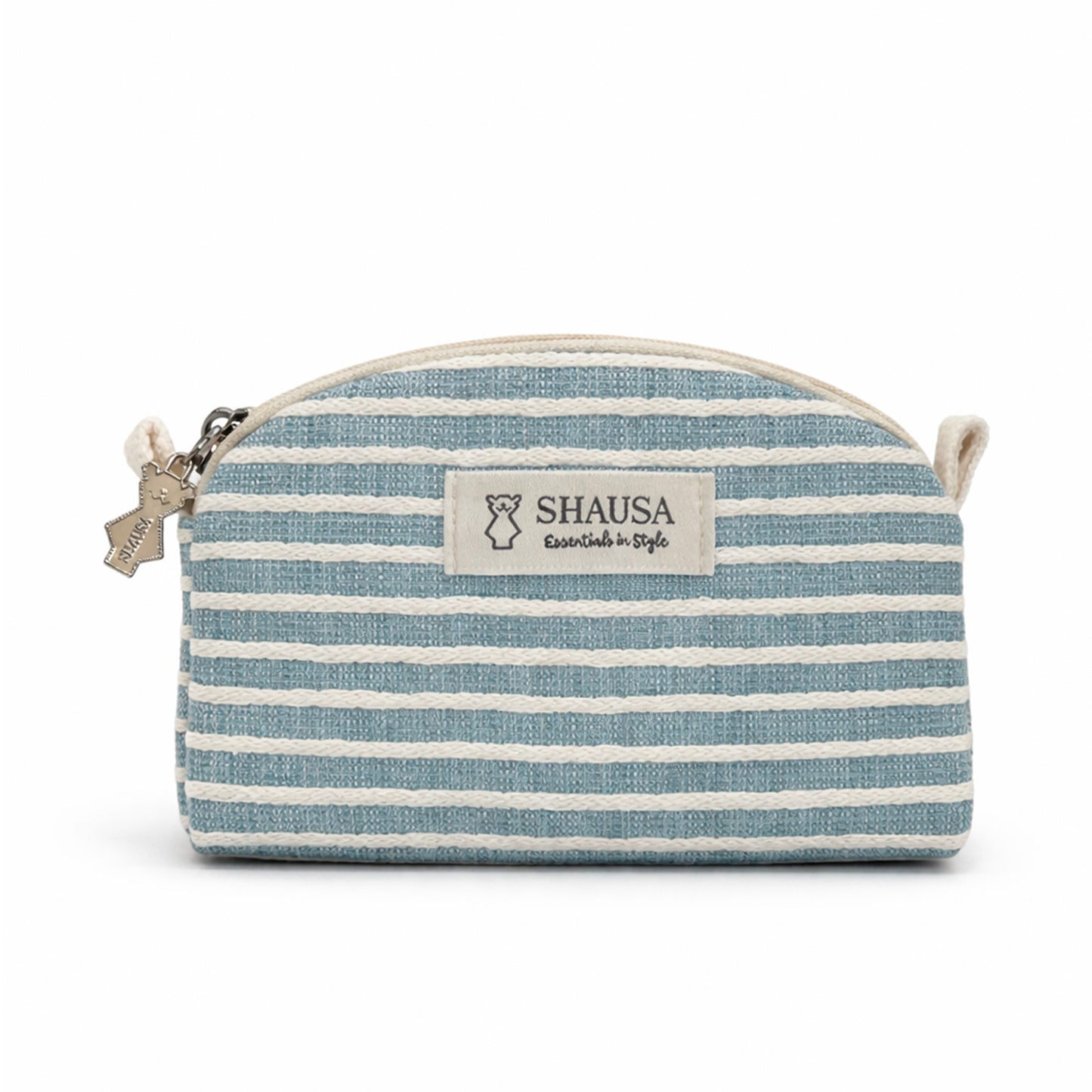 Neceser pequeño semicircular rayas azul y blanco con cremallera