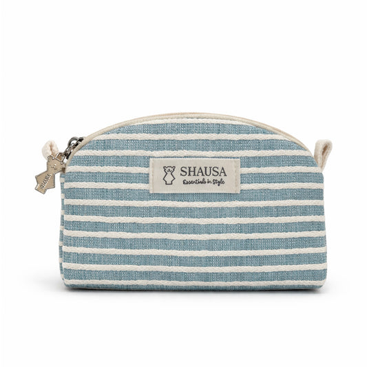 Neceser pequeño semicircular rayas azul y blanco con cremallera