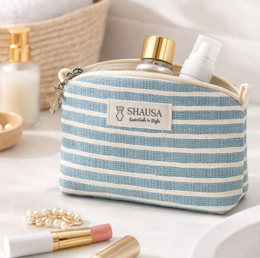 Neceser pequeño semicircular rayas azul y blanco con cremallera