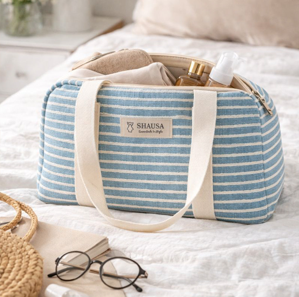 Bolsa neceser de viaje rayas azul y blanco con asas de algodón estilo marinero