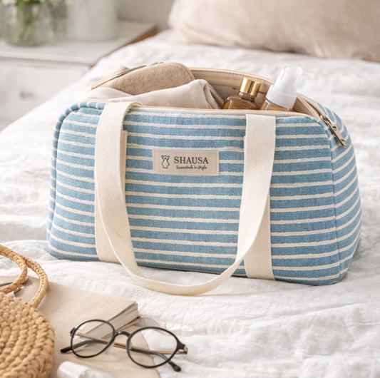 Bolsa neceser de viaje rayas azul y blanco con asas de algodón estilo marinero