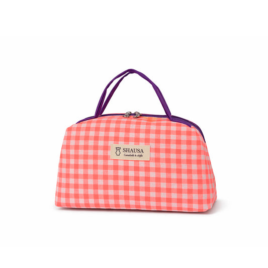 Bolso vichy rosa flúor y blanco con asas de polipiel morada