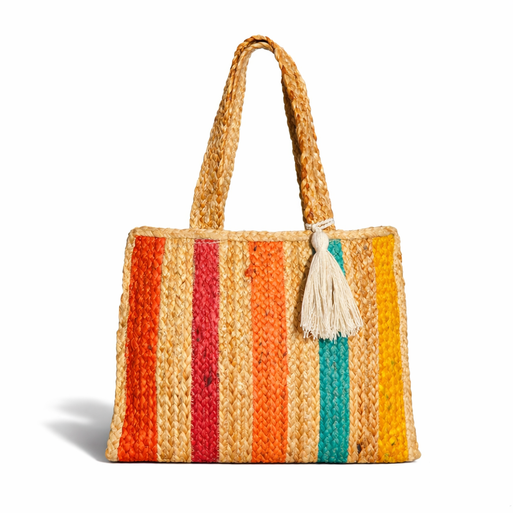 Bolso yute multicolor con asas trenzadas