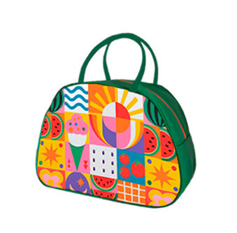 Bolso estampado multicolor con asas verdes y cierre con cremallera