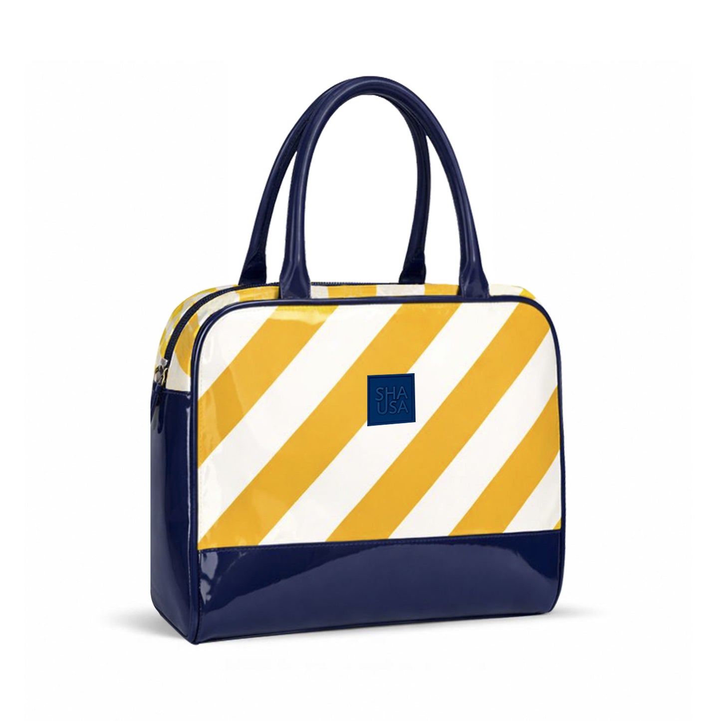 Bolso estructurado rayas amarillas en polipiel con base de charol azul marino