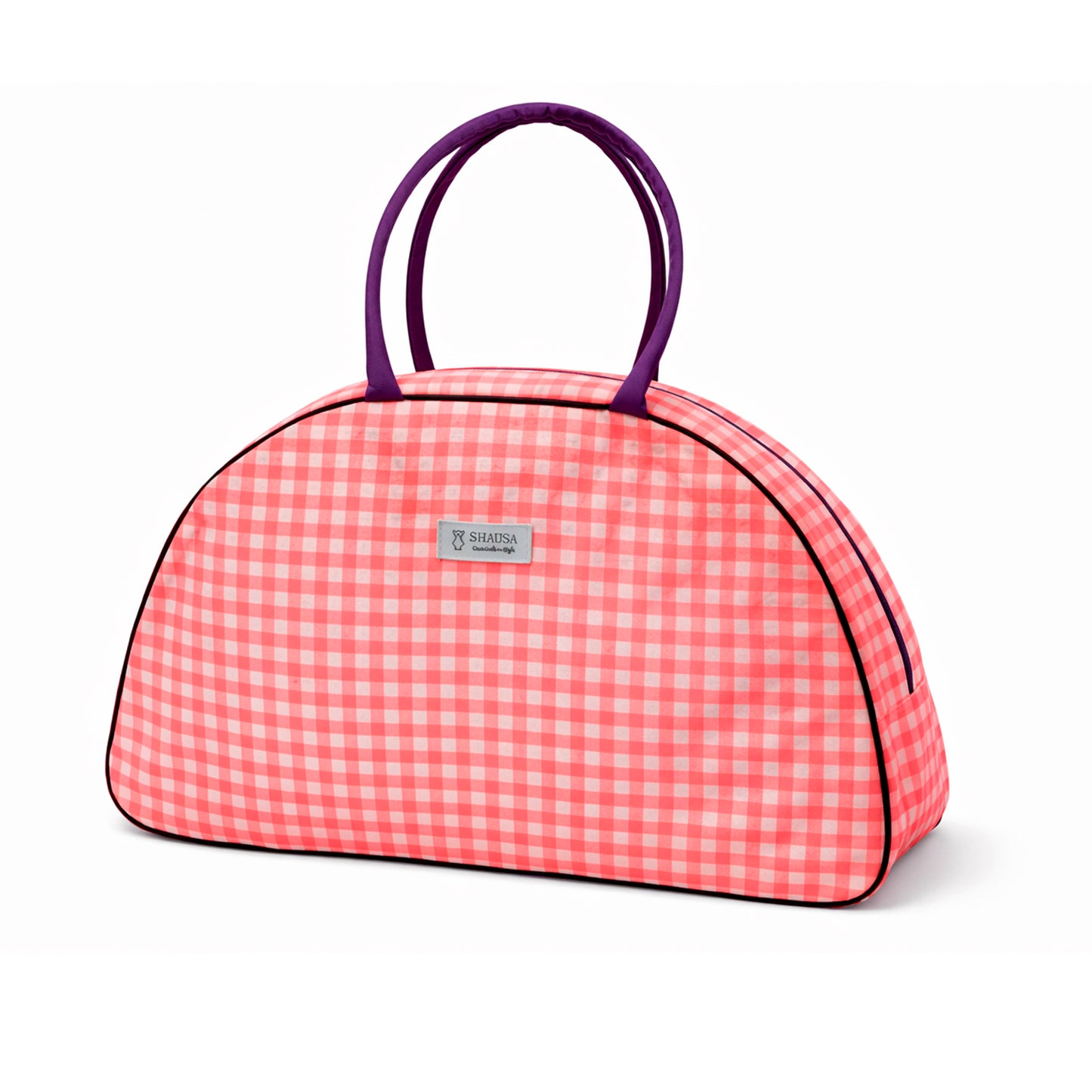 Bolso fin de semana vichy rosa flúor y blanco con asas moradas