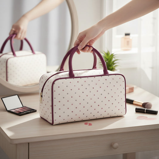 Bolso de fin de semana acolchado con lunares multicolor en uso durante un viaje