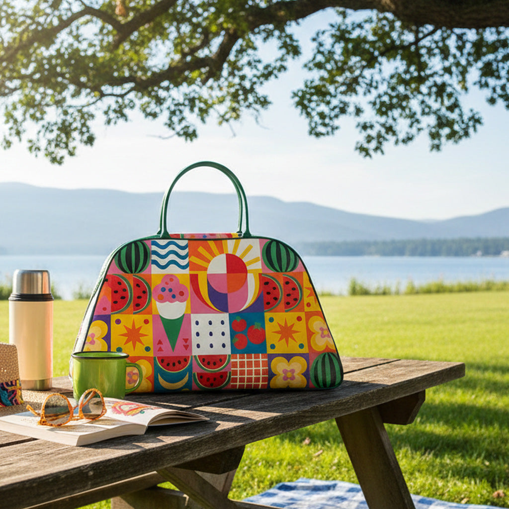 Bolso grande multicolor estampado en uso para viaje o escapada