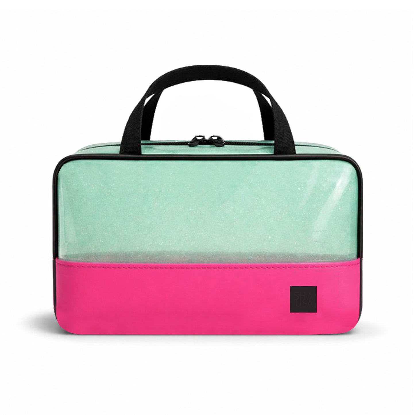 Bolso grande PVC verde traslúcido con glitter y base EVA fucsia
