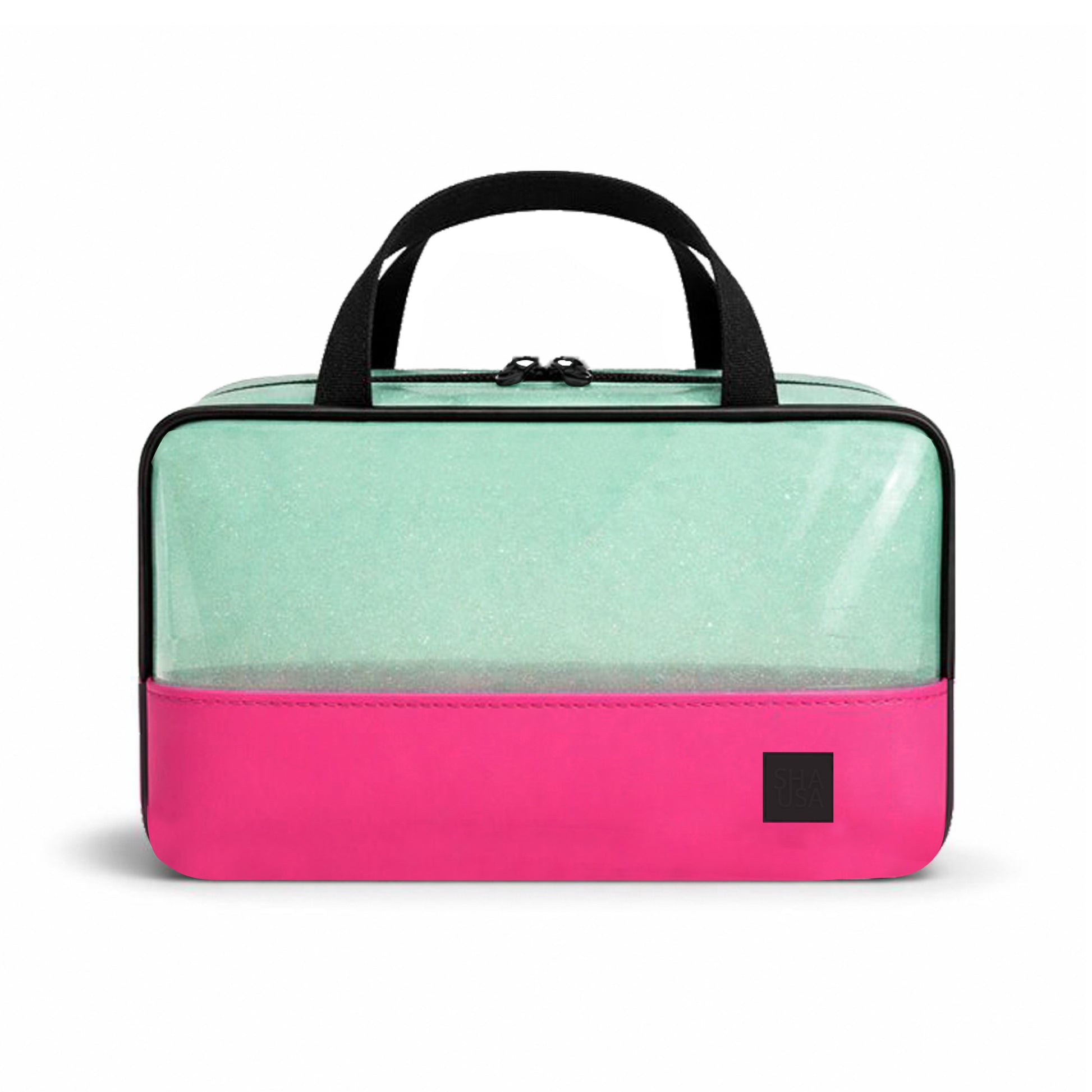 Bolso grande PVC verde traslúcido con glitter y base EVA fucsia