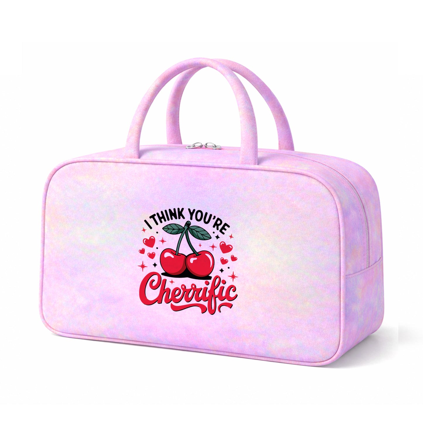 Detalle lateral del bolso iridiscente rosa Cherrific