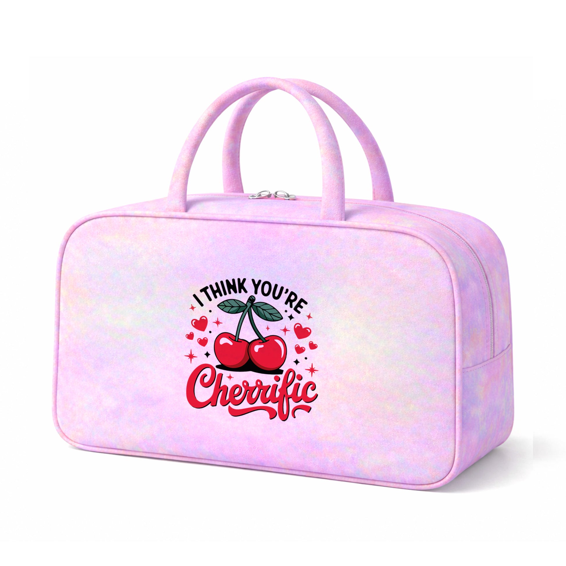 Detalle lateral del bolso iridiscente rosa Cherrific