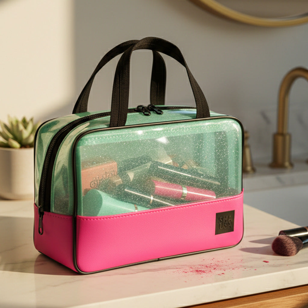 Bolso PVC verde con glitter y base fucsia en uso para viaje o gimnasio