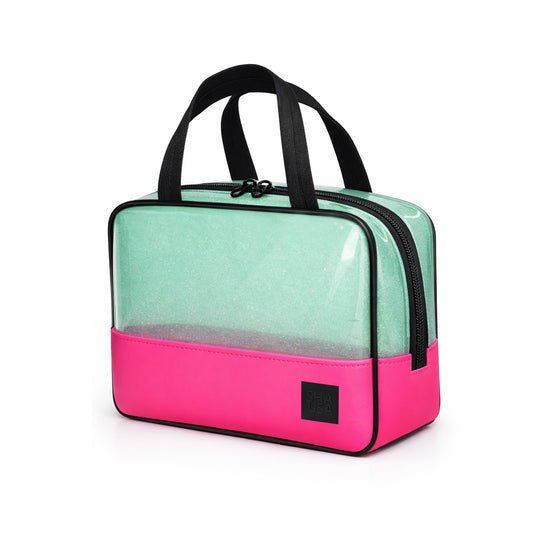 Bolso PVC verde traslúcido con glitter y base EVA fucsia