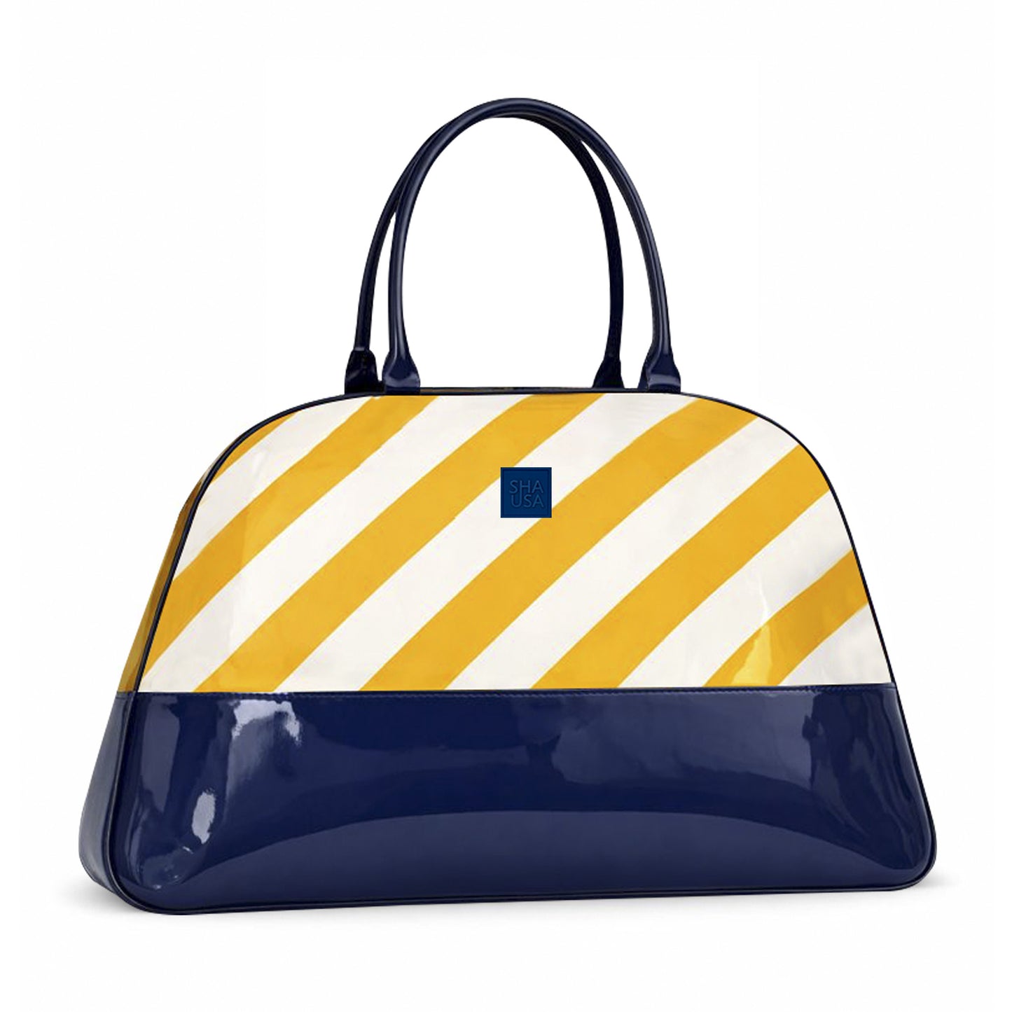 Bolso de viaje rayas amarillas en polipiel con base y asas de charol azul marino