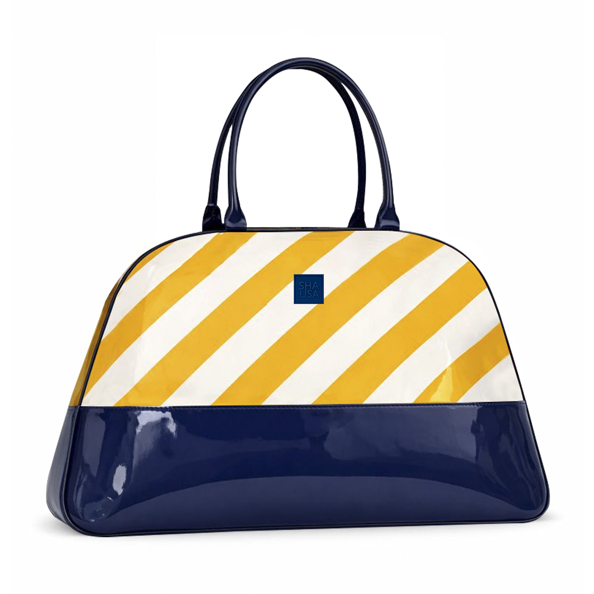 Bolso de viaje rayas amarillas en polipiel con base y asas de charol azul marino