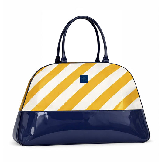 Bolso de viaje rayas amarillas en polipiel con base y asas de charol azul marino