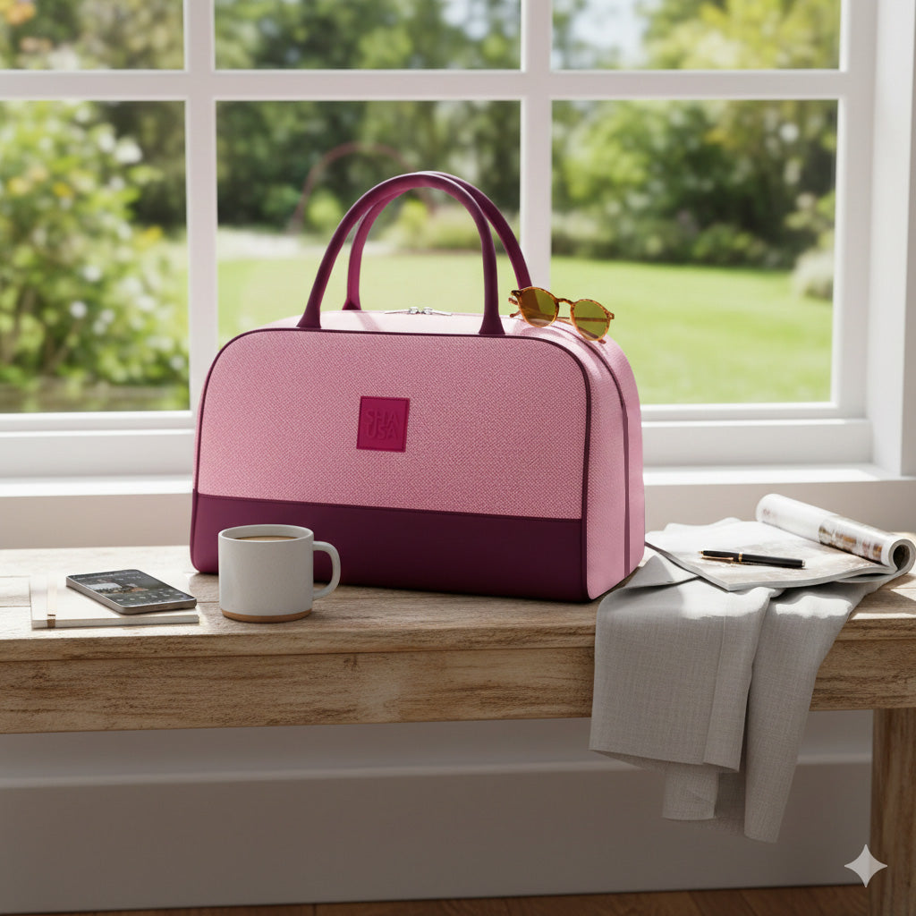 Bolso rosa y uva usado en look diario