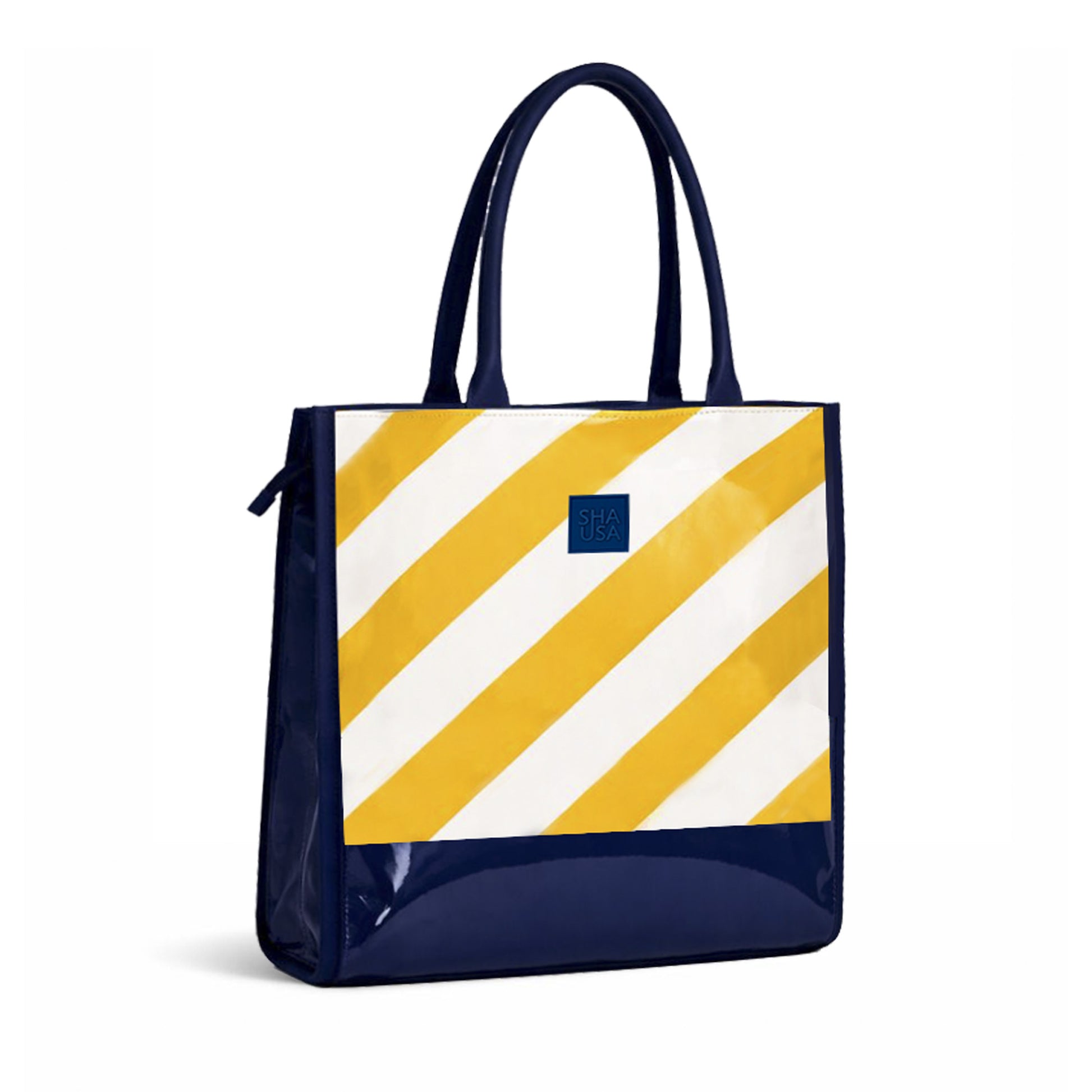 Bolso shopper rayas amarillas en polipiel con base de charol azul marino