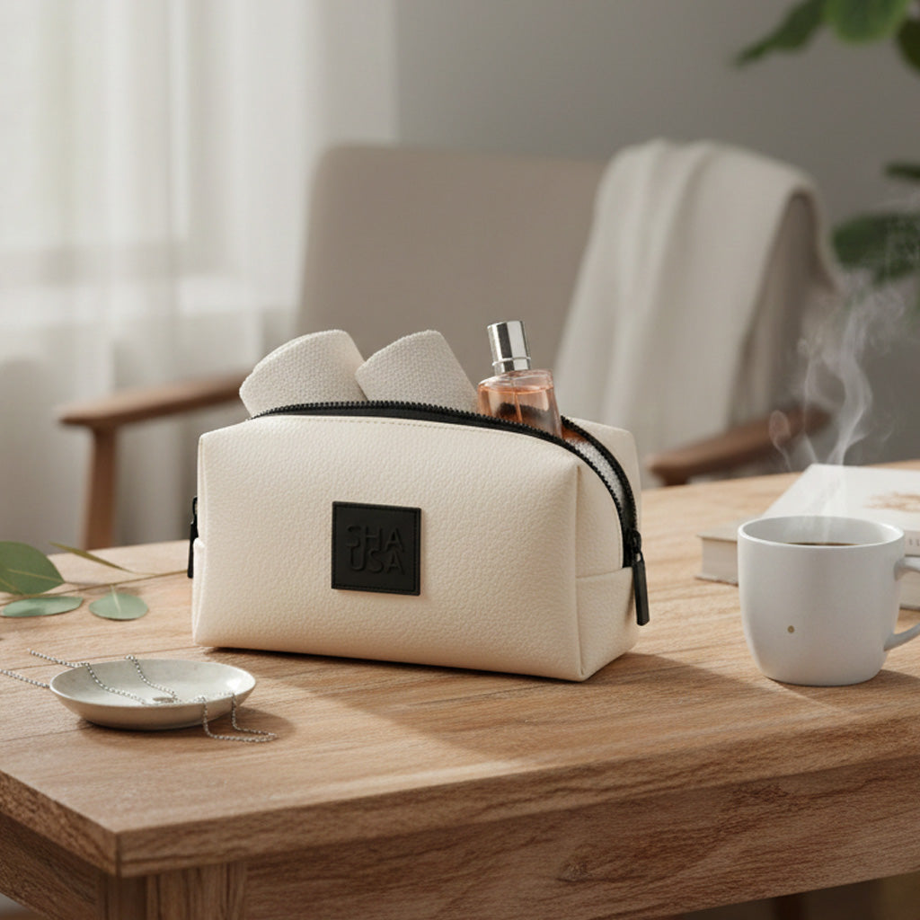 Mini neceser blanco perlado usado como organizador