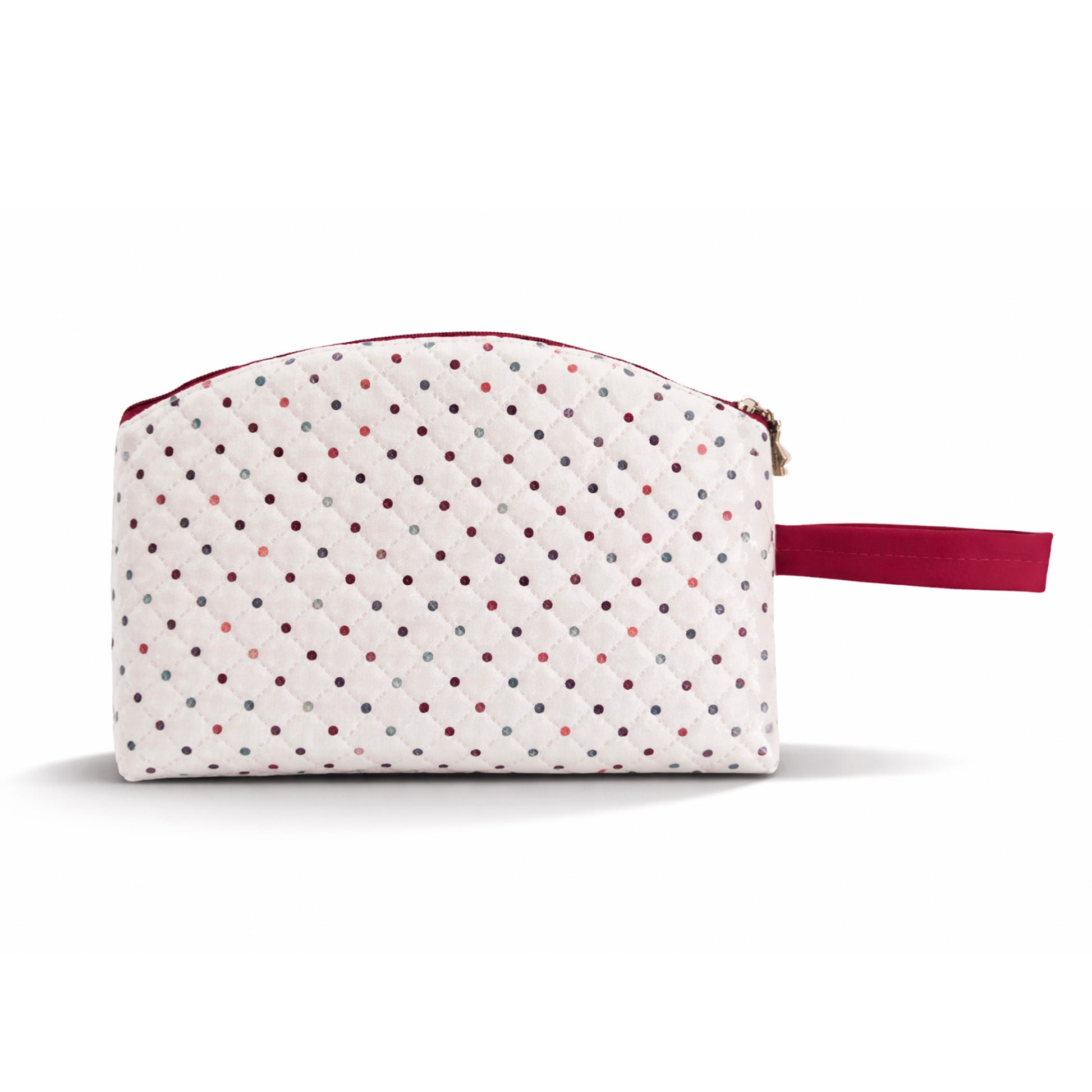 Frente del acolchado con rombos y estampado de lunares multicolor en neceser