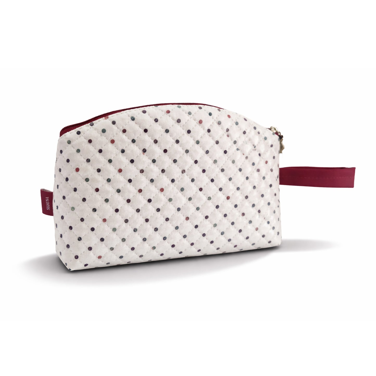 Neceser acolchado de algodón plastificado con lunares multicolor