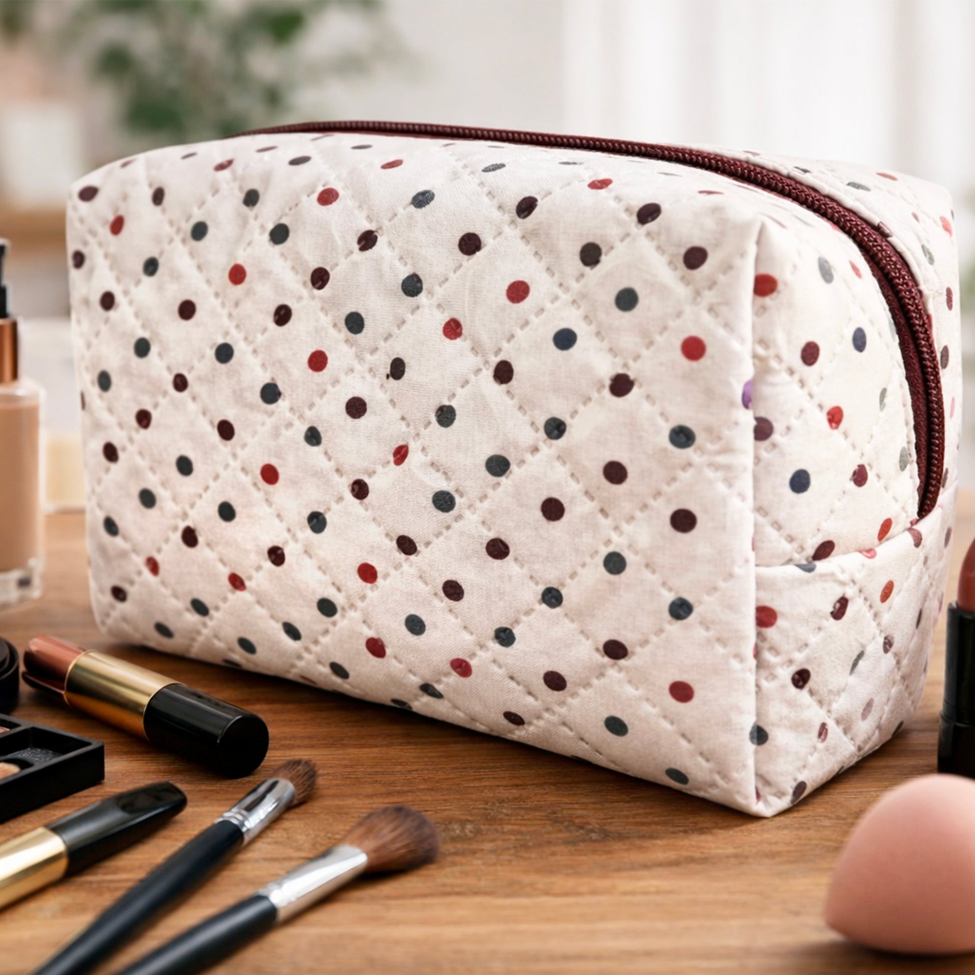 Neceser acolchado de rombos con lunares multicolor en uso