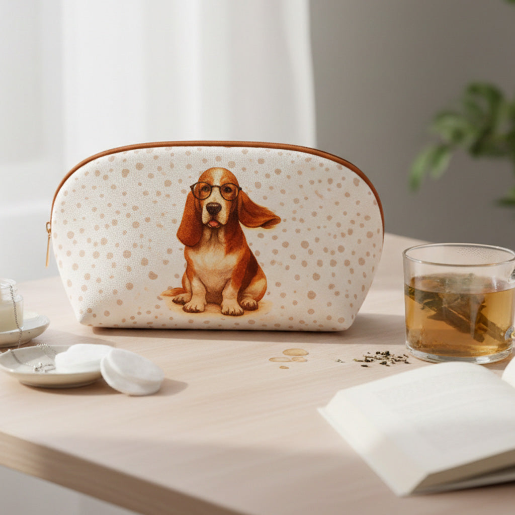 Neceser amplio con perro y lunares en uso