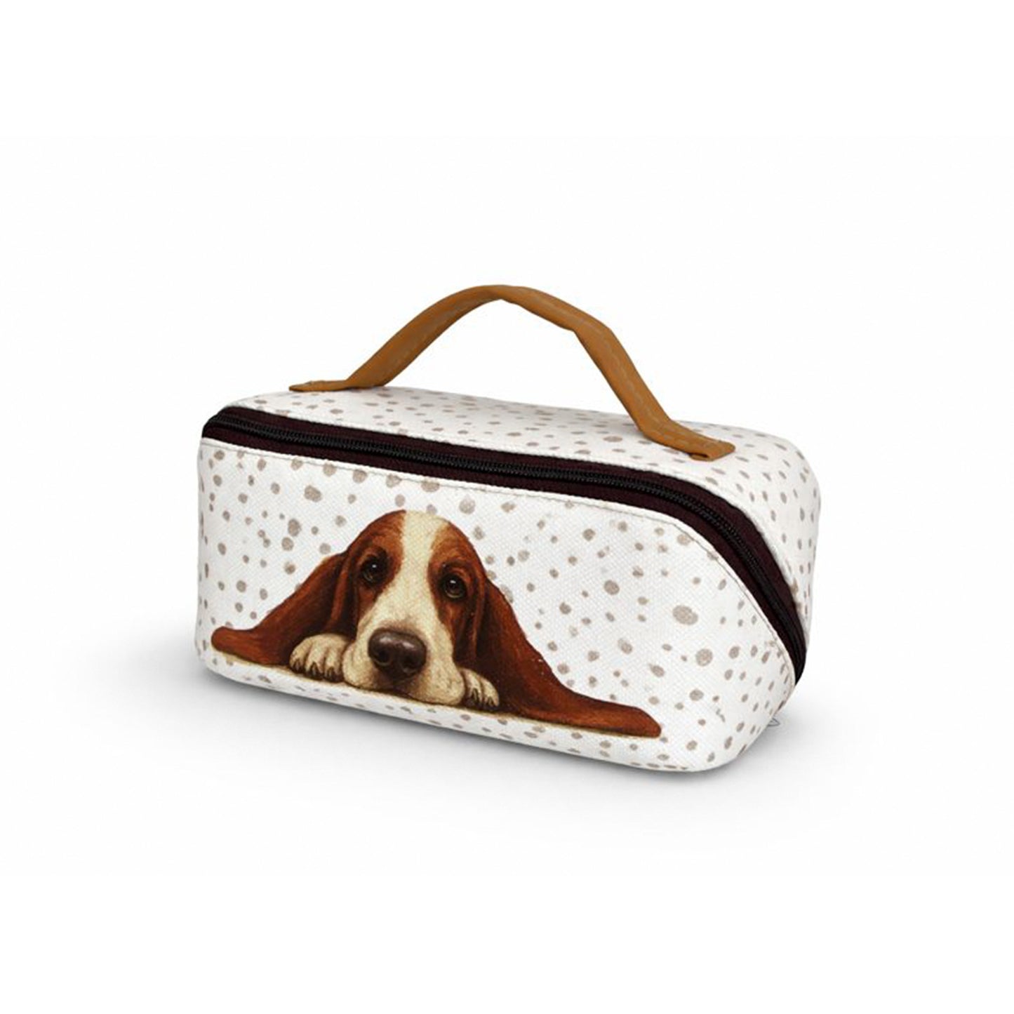 Vista lateral del neceser con asa y perro