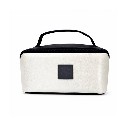 Neceser compacto de polipiel blanco perlado y negro con asa