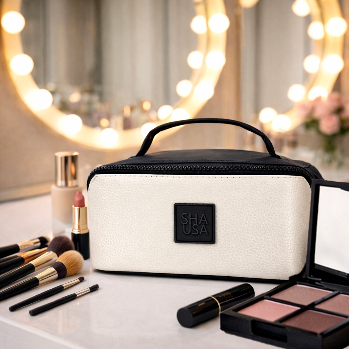 Neceser compacto de polipiel usado para productos de aseo