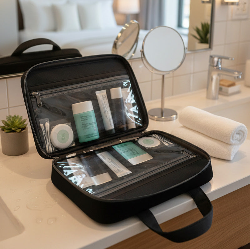 Neceser elegante de viaje con productos de baño organizados