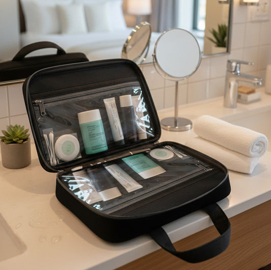 Neceser elegante de viaje con productos de baño organizados