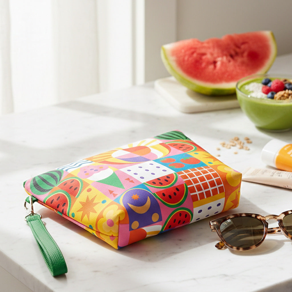 Neceser multicolor estampado en uso como organizador de maquillaje