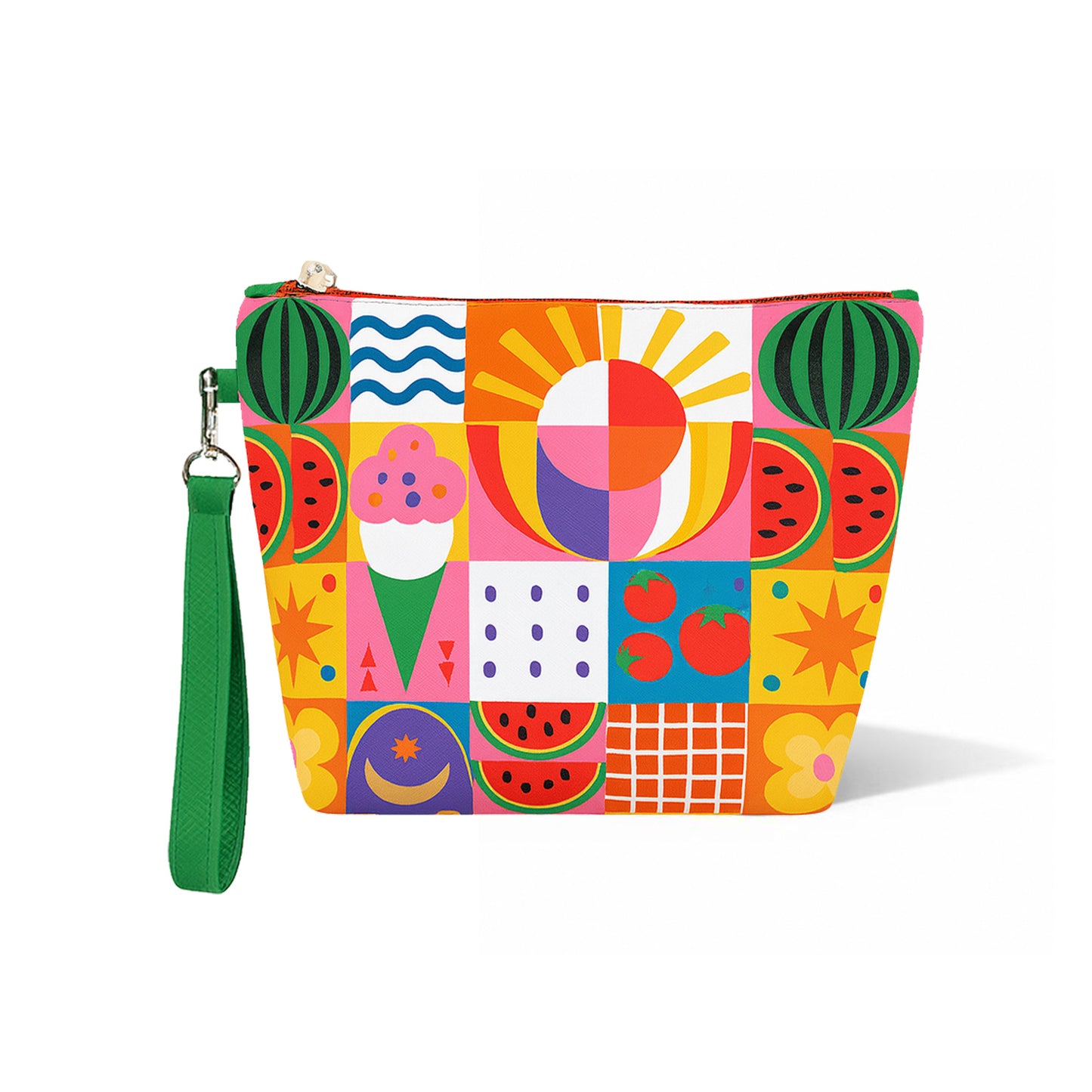 Neceser estampado multicolor con asa lateral verde y cierre con cremallera