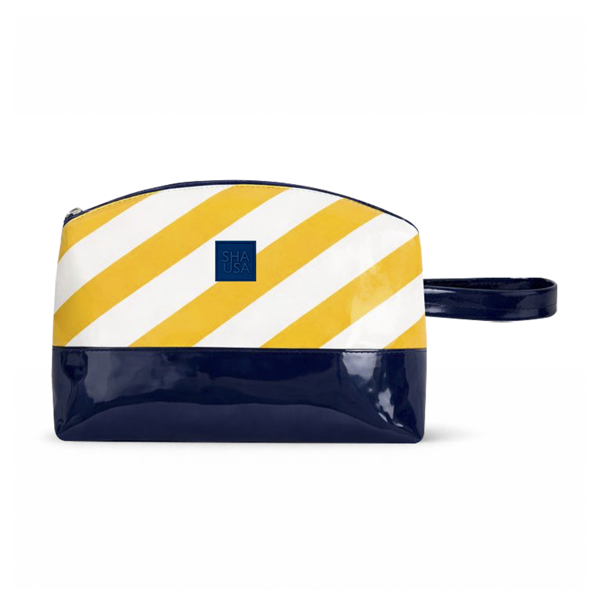 Neceser grande rayas amarillas en polipiel con base y asa de charol azul marino