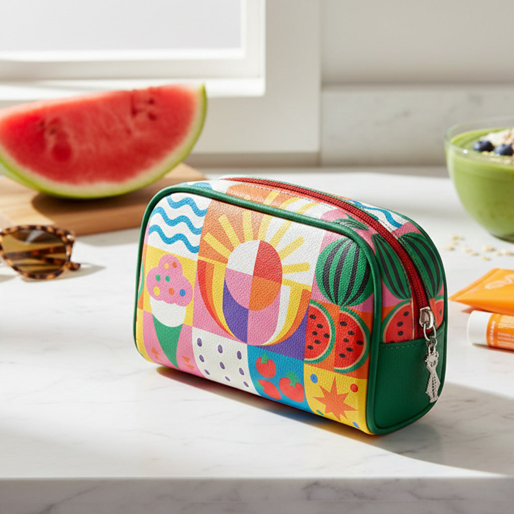 Neceser multicolor con cremallera en uso